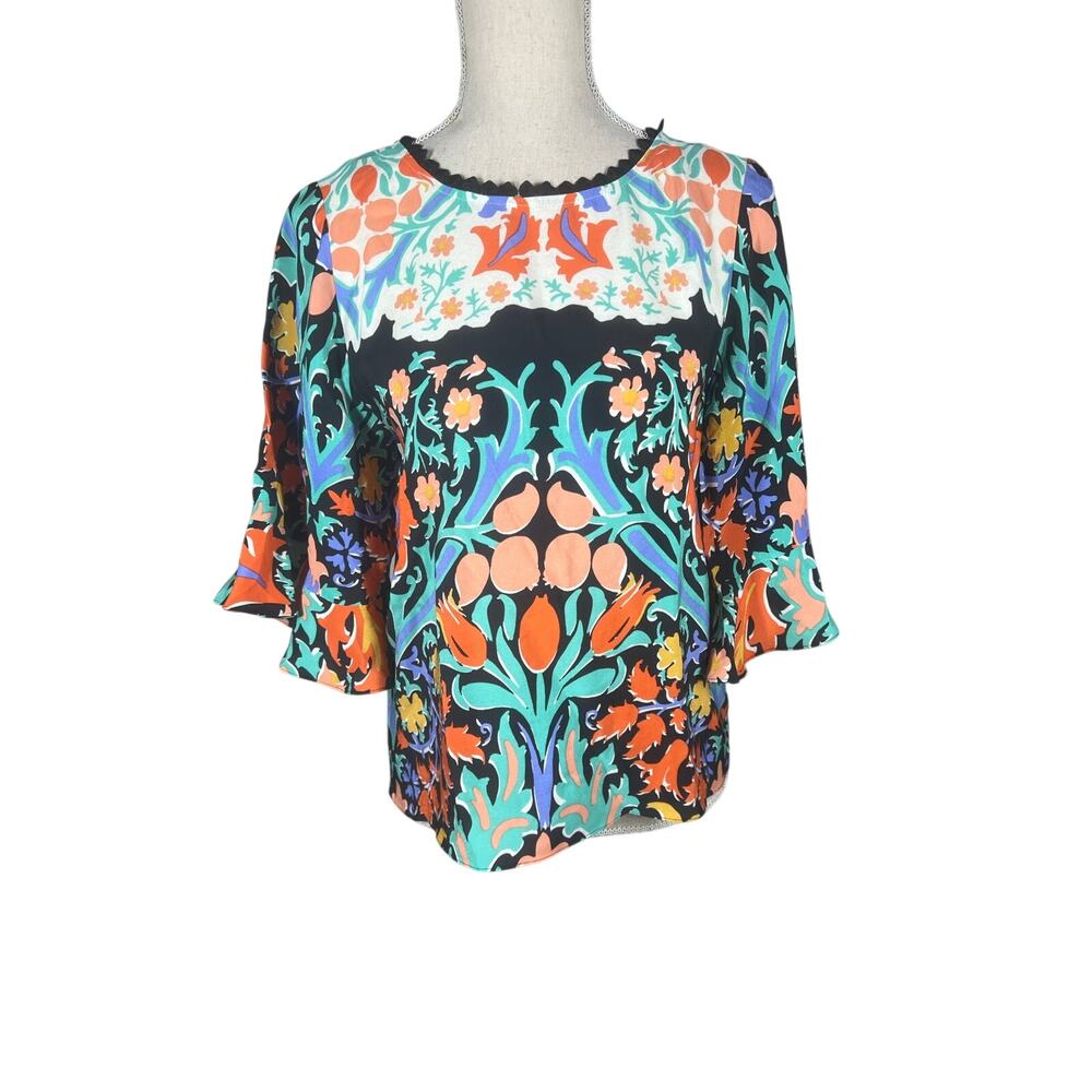 Maeve by Anthropologie Folk art Kimono Top Silk art to wear Indie Hippie SZ 2 - Picture 2 of 8